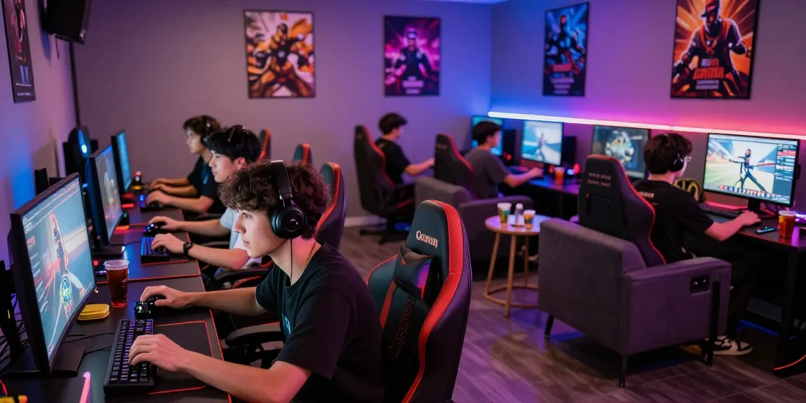 Thrilling gaming experience at https://naga2000.tech with enthusiasts playing in a vibrant lounge.
