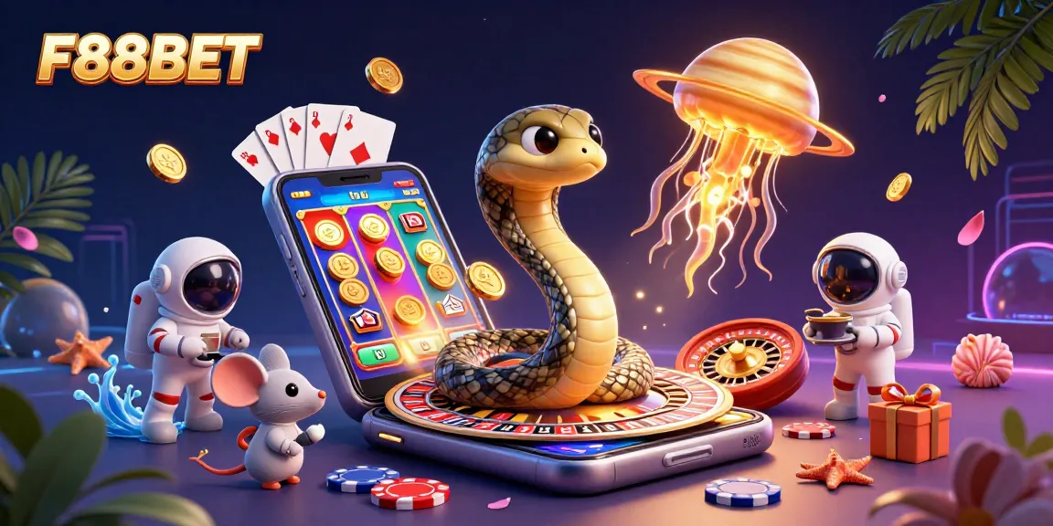 Engage with F88BET in vibrant cosmic gaming, featuring interactive characters and thrilling casino elements.