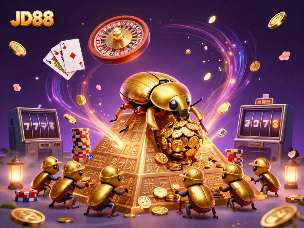 Experience the excitement of JD88 with golden beetles and cascading coins in this vibrant casino scene.