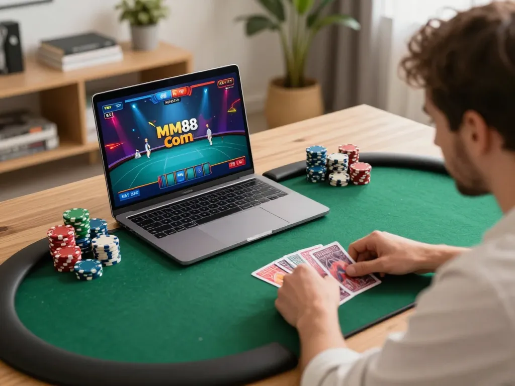 Engaging poker gameplay on MM88 com displayed on a laptop while strategizing gaming moves in a cozy home office
