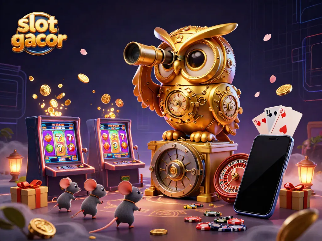 Engage with the vibrant slot gacor scene showcasing a golden owl and playful mice amidst dynamic casino elements.