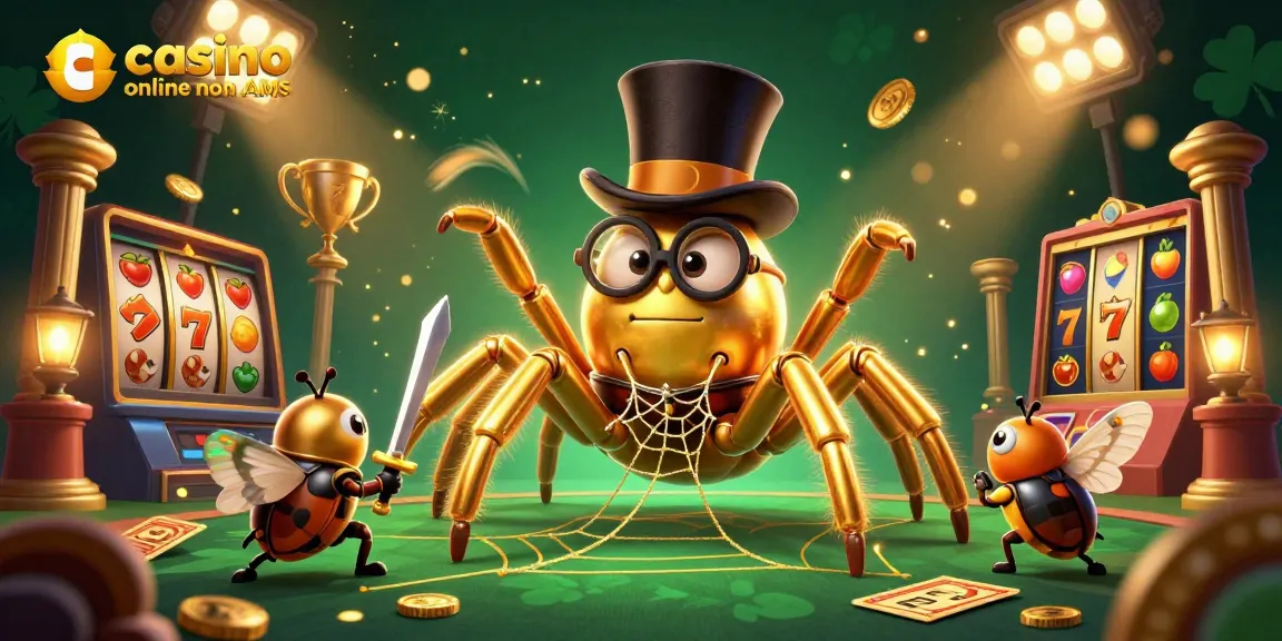 Giocatori al casino online non AAMS con un ragno dorato che tesse una rete di ricchezze e un cavaliere scarabeo con una spada d'oro.