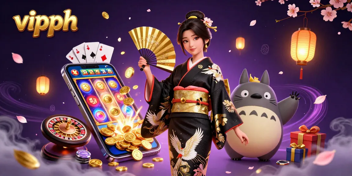 Engage in thrilling gaming action at vipph with vibrant slot games amidst golden lanterns and sakura petals.