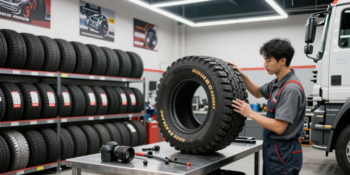 Mechanic inspecting Double Coin RR99 tires in a bright automotive workshop.