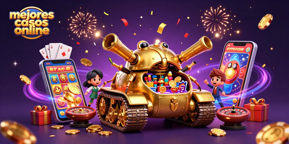Los mejores casinos online muestran una ilustración 3D vibrante con un tanque de escarabajo dorado y elementos de juego emocionantes.