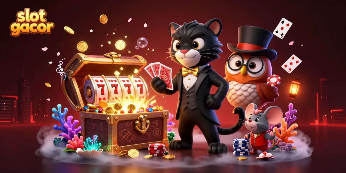 Delight in a vibrant slot gacor themed scene with a tuxedo-wearing panther, owl with poker chips, and lucky mouse.