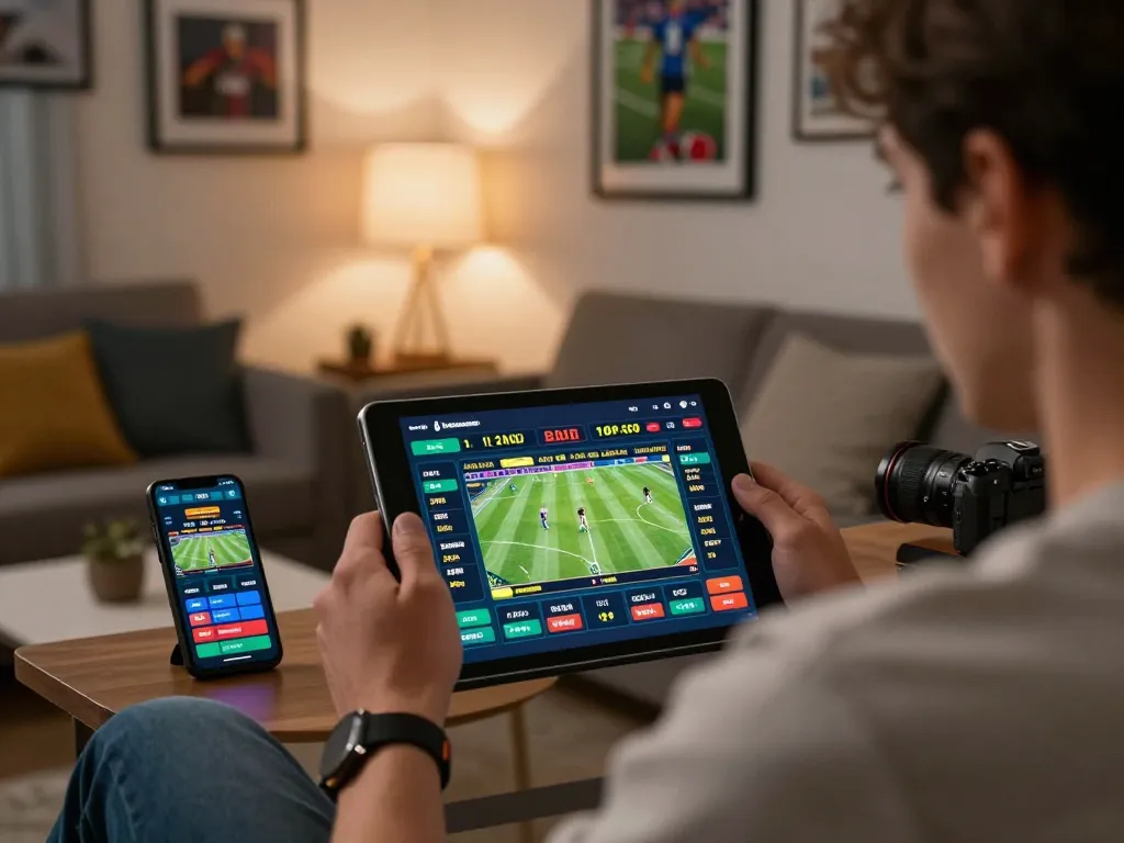 Engaging in sky88 online sports betting with live odds displayed on tablet in cozy home setting.