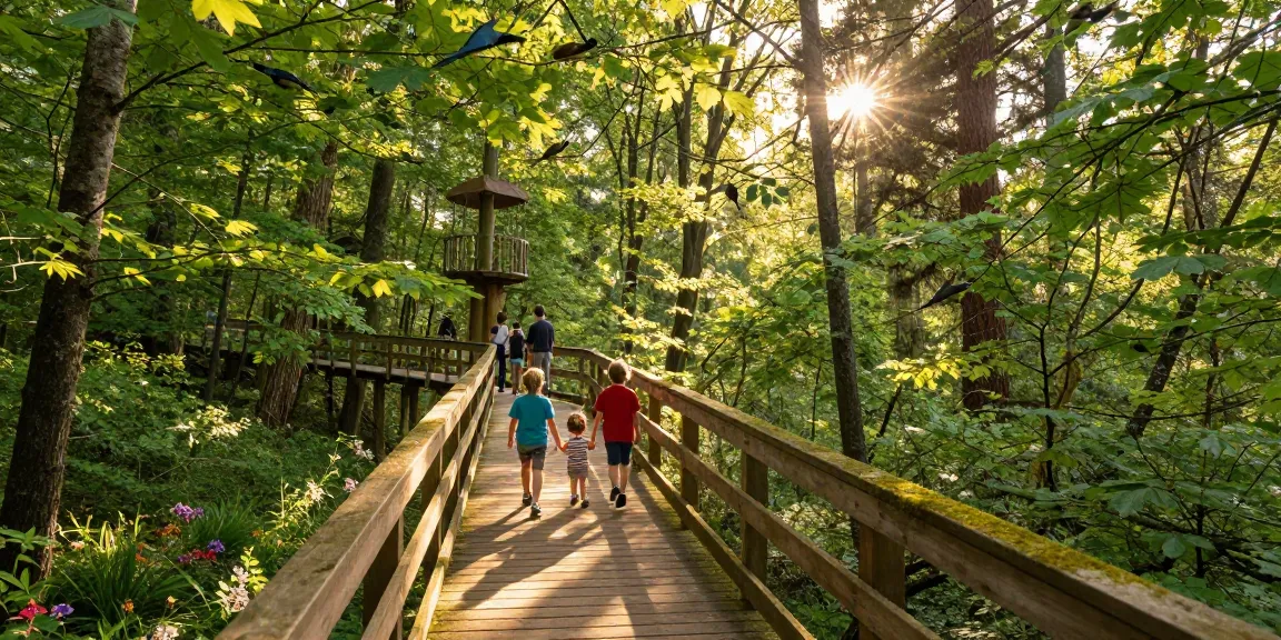 Treetop Walkway adventure in a serene forest with a family exploring the elevated path surrounded by nature.