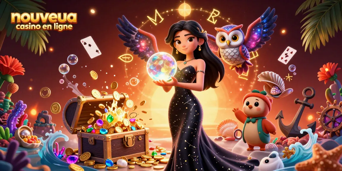 Le nouveau casino en ligne offre des expériences passionnantes alors qu'une femme magnifique tient une boule de cristal au milieu d'éléments de jeu vibrants.