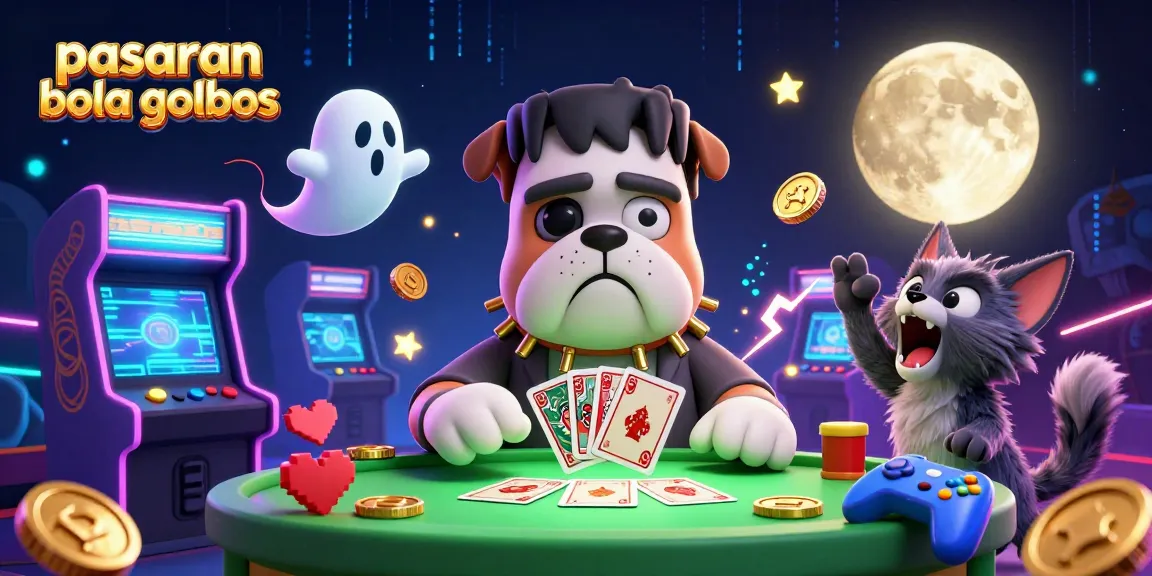 Bet on pasaran bola golbos with a spooky 3D scene featuring vibrant game elements and characters.