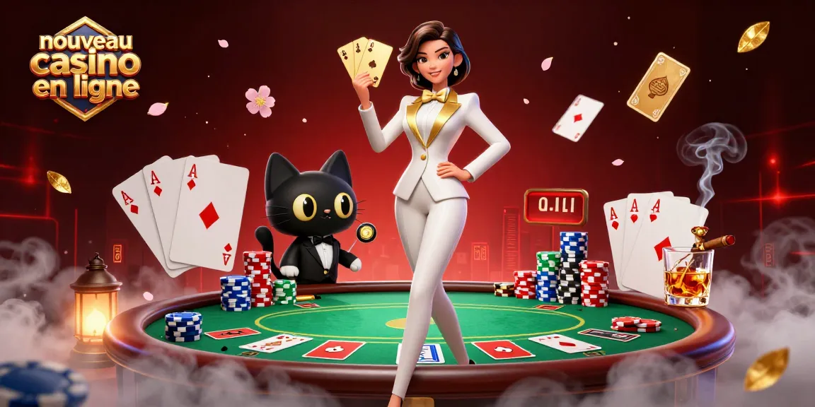 Scène glamour d'une femme semi-réaliste et d'un chat en smoking à une table de poker d'un nouveau casino en ligne.