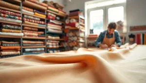 Viscose fabric being skillfully cut in a colorful textile studio.