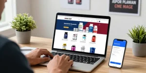 Person shopping at Astera Shop for lab-tested steroids in a modern workspace.