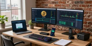 Dynamic home office cryptocurrency setup showcasing cloud mining site with dual monitors and digital wallet