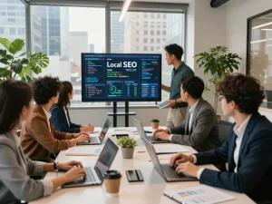 Collaboration on Local SEO NYC strategies in modern office with skyline views.