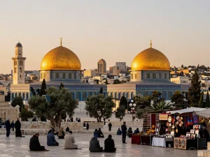 Visitors gathering at Jerusalem’s Holy Site, the Temple Mount, during sunset with Dome of the Rock in view.
