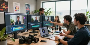 Team generating ai video prompts in a bright studio with video editing gear.