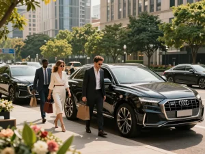 Trải nghiệm cho thuê hạng sang giới thiệu cho thuê xe ô tô hạng sang với những cá nhân phong cách trong bối cảnh thành phố cao cấp.
