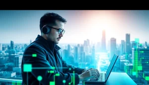 Illustrating EORMC blockchain development, a coder engages with advanced tech in a bright, futuristic setting.