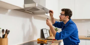 Range Hood Repair technician fixing a hood in a modern kitchen