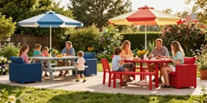 Experience a patio furniture sale with stylish dining sets and umbrellas in a vibrant outdoor setting.