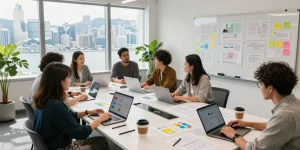 Dynamic team working on a UX design project in Hong Kong, collaborating in a modern studio.