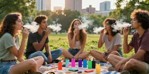 Friends enjoying 電子煙油 in a park, with vibrant greenery and city skyline background, capturing modern vaping culture.