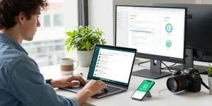 Professional using WhatsApp網頁版 in a modern office setting with tech devices and natural light.