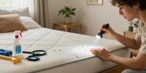Focused inspection for bed bug treatment in a cozy bedroom setting, highlighting essential cleaning tools.