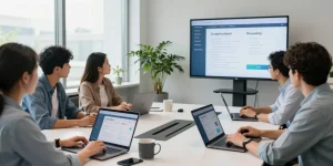 Team discussing age verification system strategies in a modern workspace.