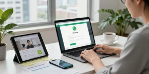 User engaging with WhatsApp網頁版 on a modern workspace with digital devices and natural light.