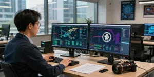 Recover stolen cryptocurrency through expert analysis in a tech office with dual monitors and investigation tools.