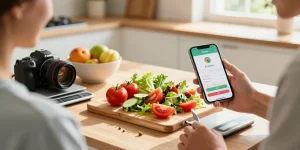 Healthy meal prep using the best food tracker app in a bright kitchen.