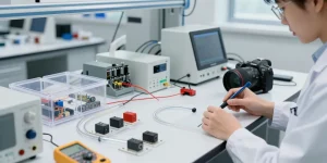 Engineer working with piezo switch prototypes in a modern design lab.
