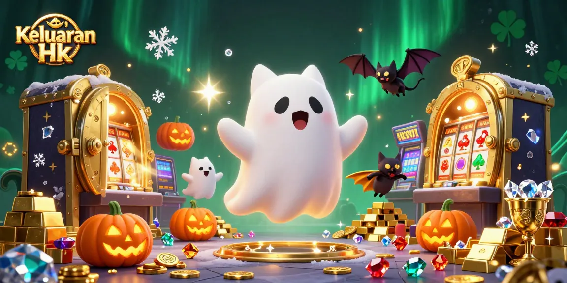 Keluaran Hk showcases a 3D cartoon ghost cat in a haunted casino, capturing exciting treasures and vibrant gambling elements.
