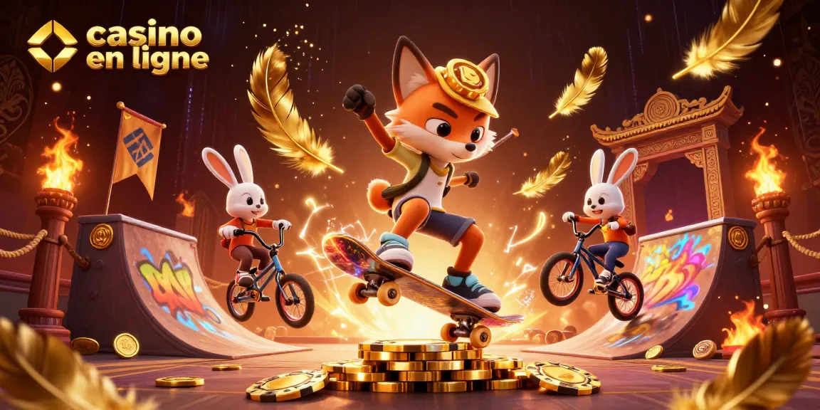 Casino en ligne : illustration d'un renard skater et d'un lapin BMX au milieu de jetons d'or.