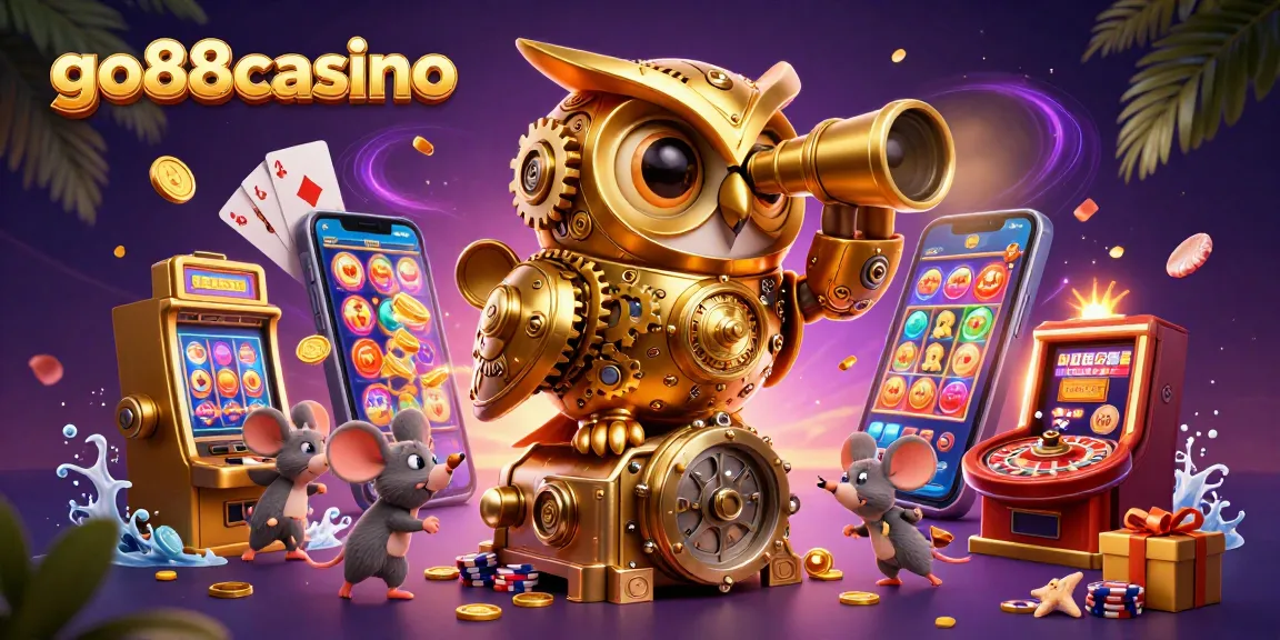 Engage in thrilling action at go88casino with a vibrant 3D casino scene featuring a whimsical owl and playful mice.