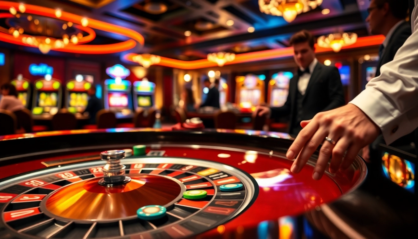 Permainan kasino oja89 dengan meja roulette dan chip yang berwarna-warni, menciptakan suasana menarik.