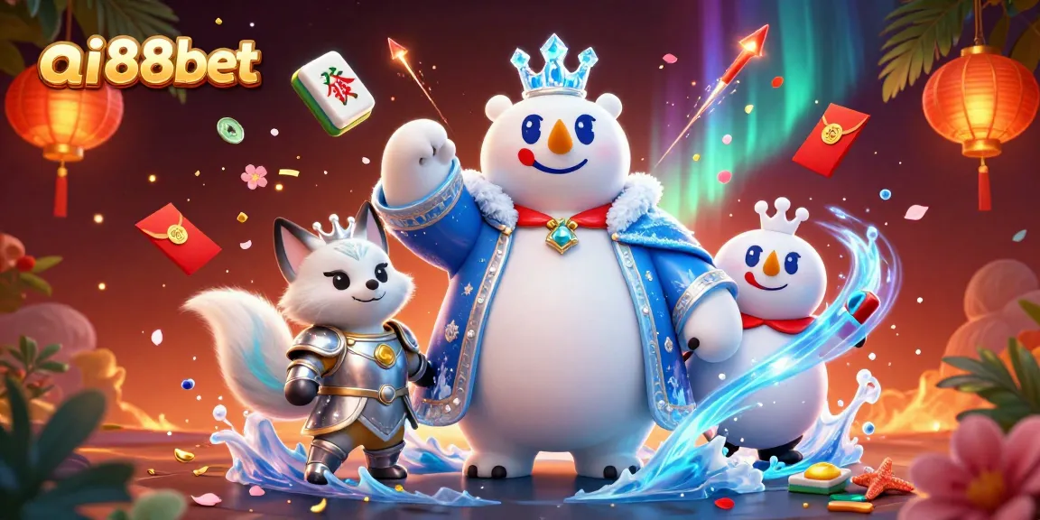 Experience thrilling gaming with ai88bet's joyful scene featuring a polar bear and a fox amidst exciting casino elements.