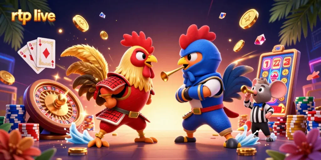 Mengalami keseruan RTP live dengan dua ayam kartun bertarung dan elemen kasino bergerak dinamis, seperti koin dan kartu