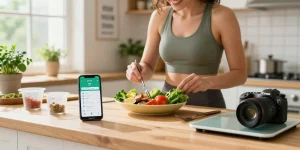 Engaging kitchen scene showing the best calorie tracker app on a smartphone alongside a healthy meal preparation.