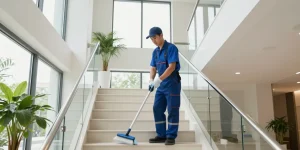 Treppenhausreinigungsunternehmen in Dortmund bei der professionellen Reinigung eines Mehrfamilienhauses.